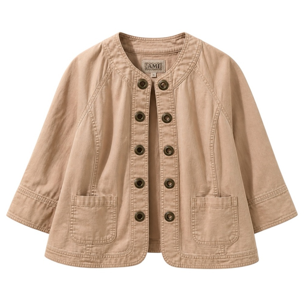 Vintage AMI Beige Cropped Jacket 1X | Grommet Button Front Utility Blazer 1X